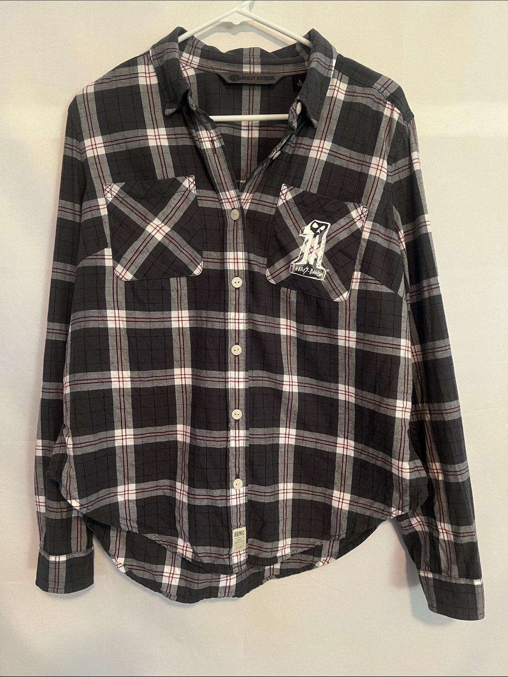Harley-Davidson, Women's  Gray and White Plaid Button-Down Shirt, size L